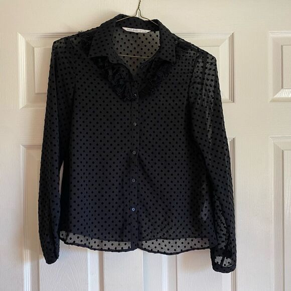 Zara Size Small Sheer Polka Dot Feather Long Sleeve Button down academic grunge - Picture 2 of 8